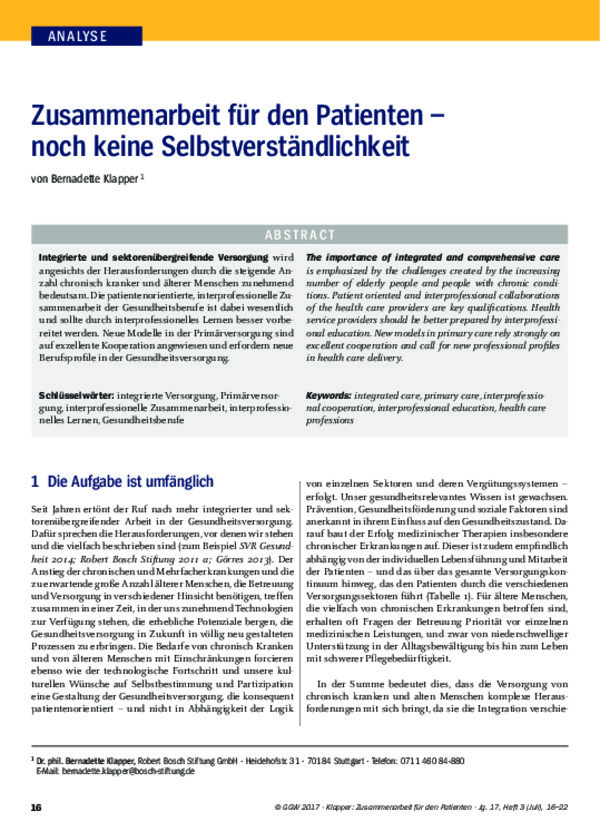 Bosch Publication Zusammenarbeit für den Patienten - noch keine Selbstverständlichkeit