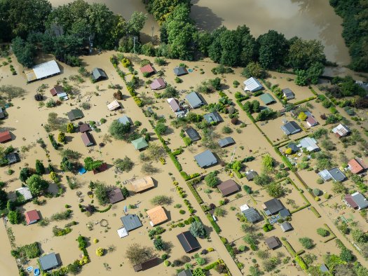 Aerial view of a flooded village in Poland