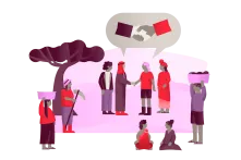 Illustration mit Menschen, die symbolhaft Frieden schließen