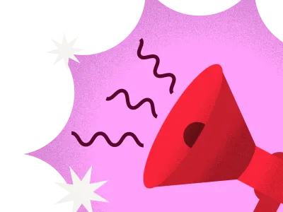 Ein rotes Megafon mit stilisierten Schallwellen.