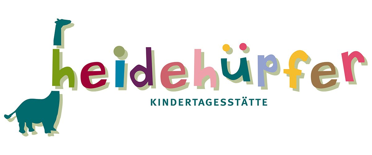 Das Logo der Heidehüpfer Kindertagesstätte in bunten Buchstaben.