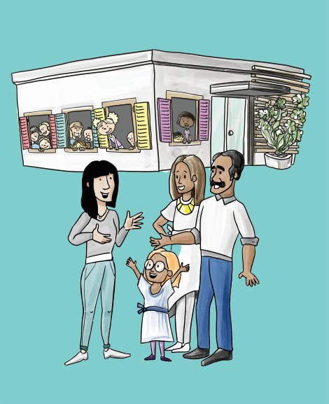 Grafik mit Erzieherin, Eltern und Kindern