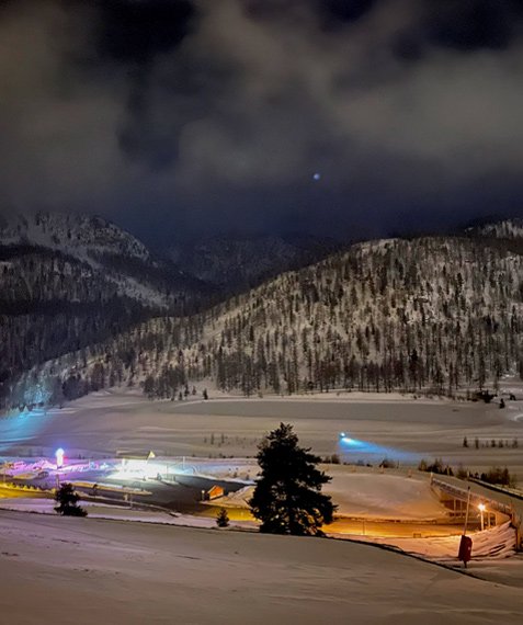 Border crossing in the Alps at night