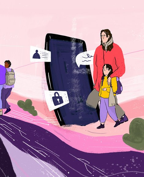 Illustration, die Reisende neben einem Bildschirm zeigt