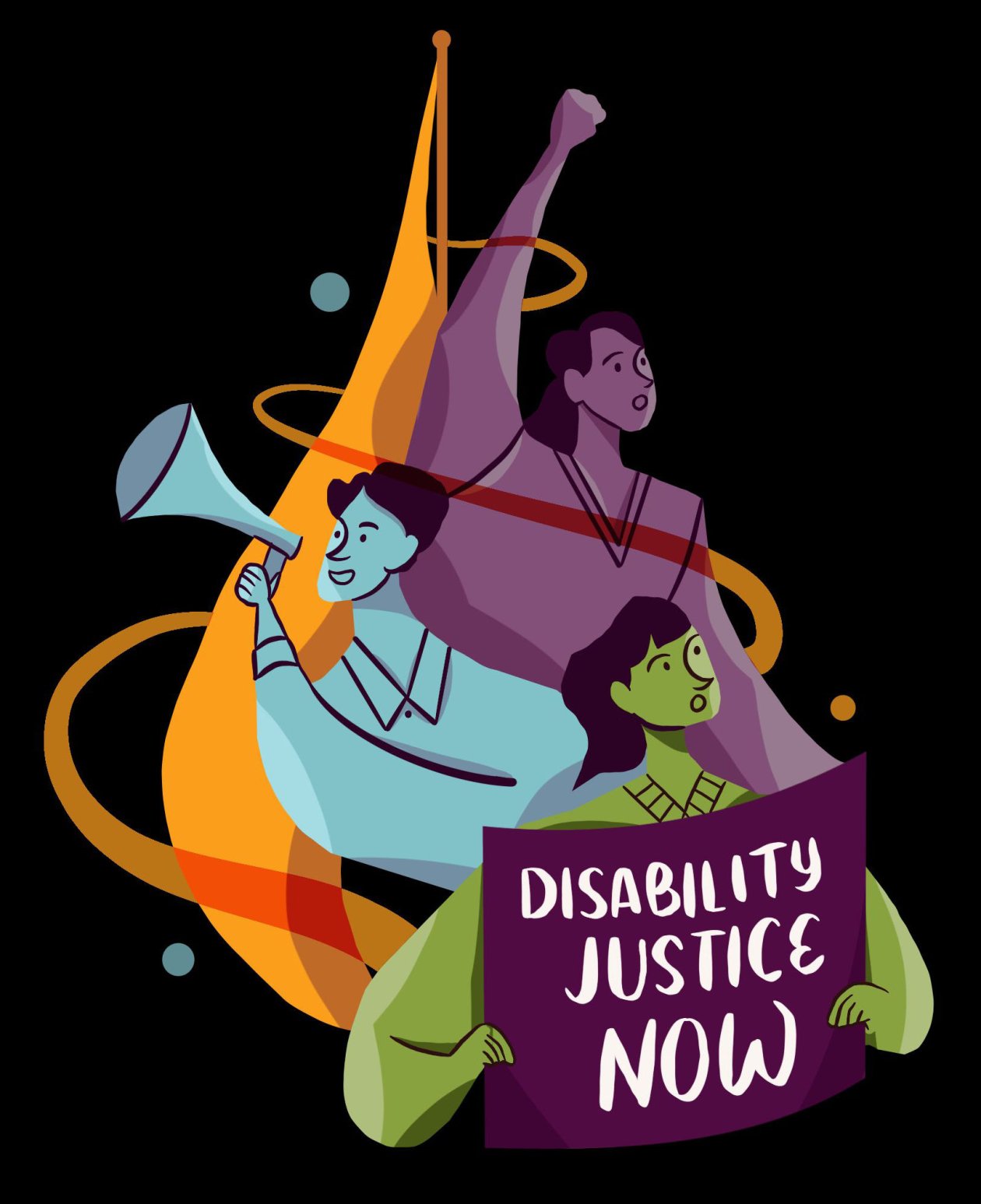Die Illustration zeigt drei Menschen, einer hält ein Schild mit der Aufschrift Disability Rights now in der Hand.