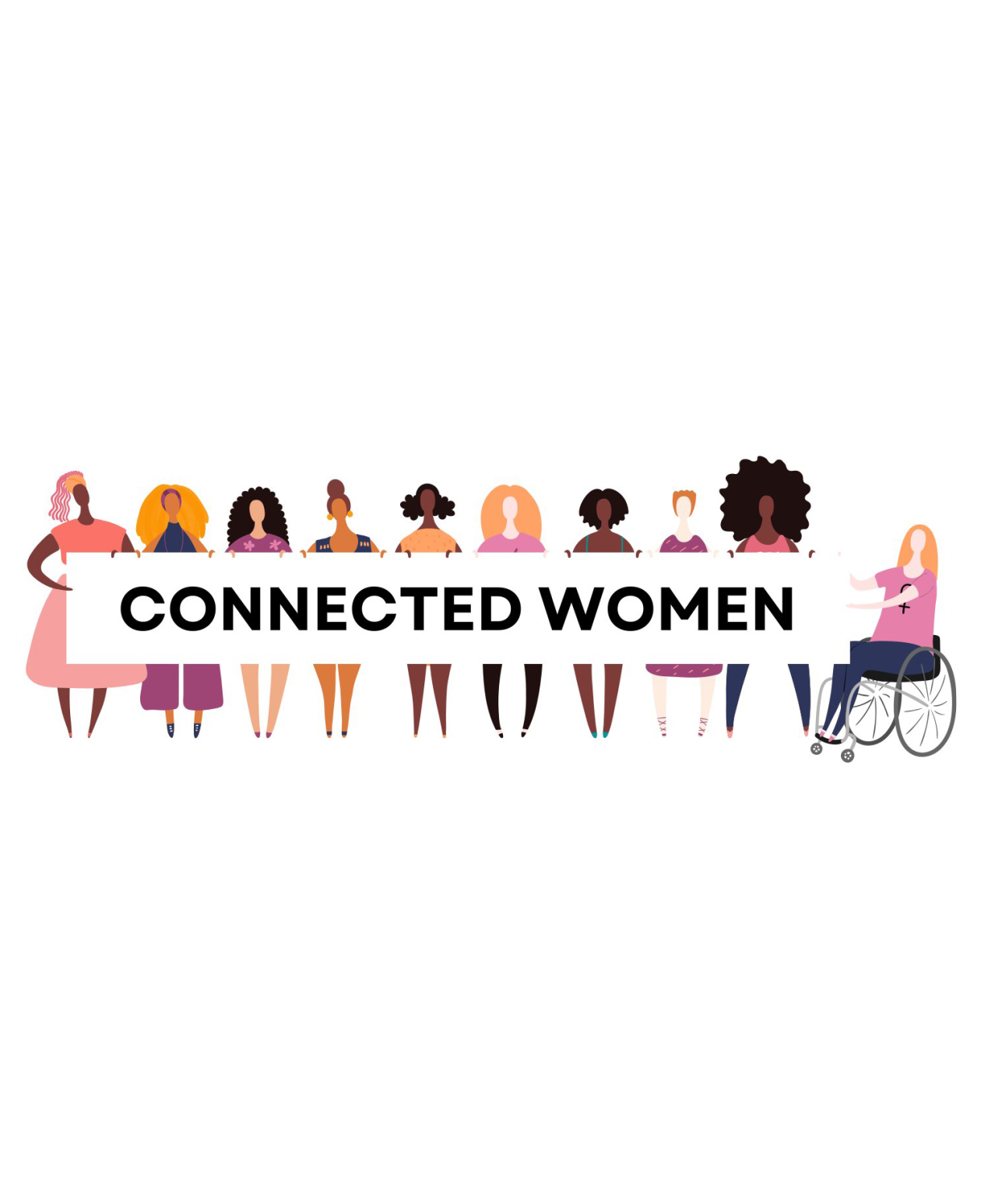 Illustration mit Frauen, die in einer Reihe stehen und ein Plakat vor sich halten