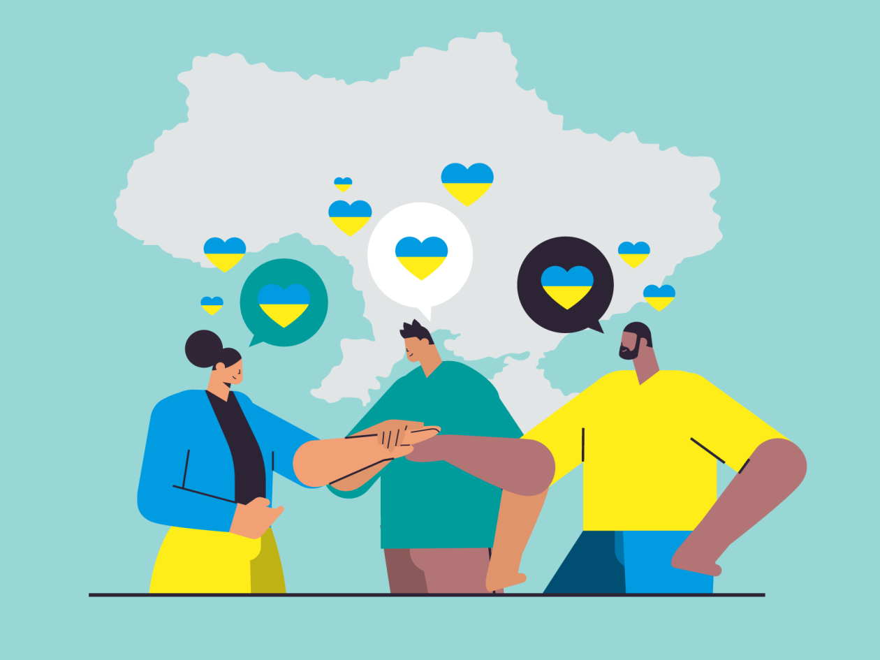 Illustration: Drei Personen, die sich im Dialog an der Hand halten, erzeugen Sprechblasen mit der ukrainischen Flagge darin