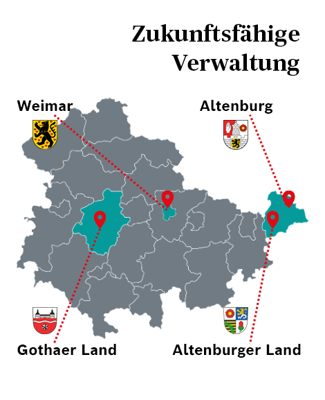 Landkarte von Thüringen mit Hervorhebung einzelner Kommunen