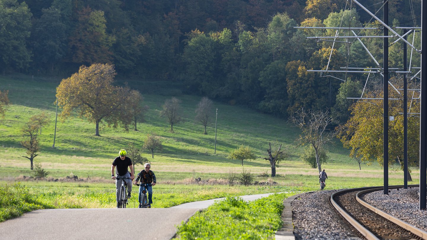Two cyclists in a green landscape, with a railway line running alongside. eine Bahnstrecke.