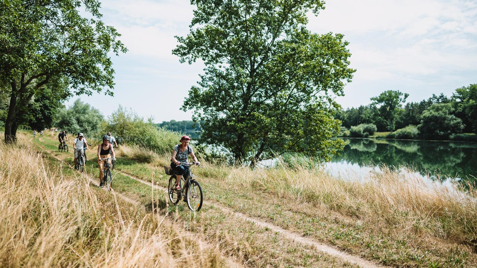 A group of bicyclists is riding on a field path along the river Rhine.