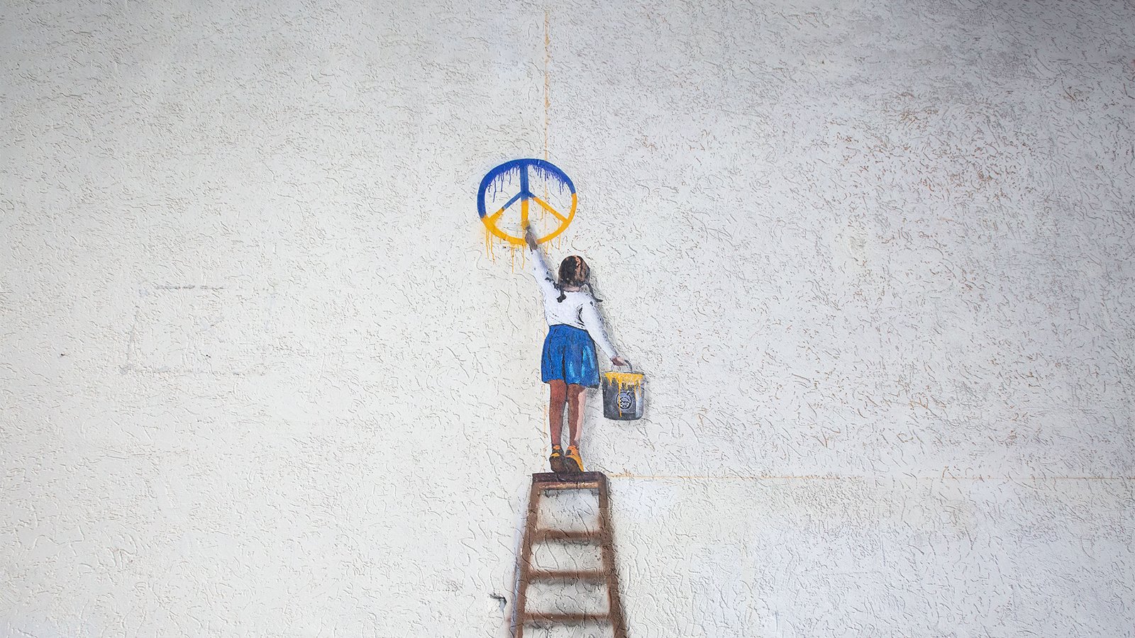 Drawing of a girl painting a Peaces symbol in blue-yellow