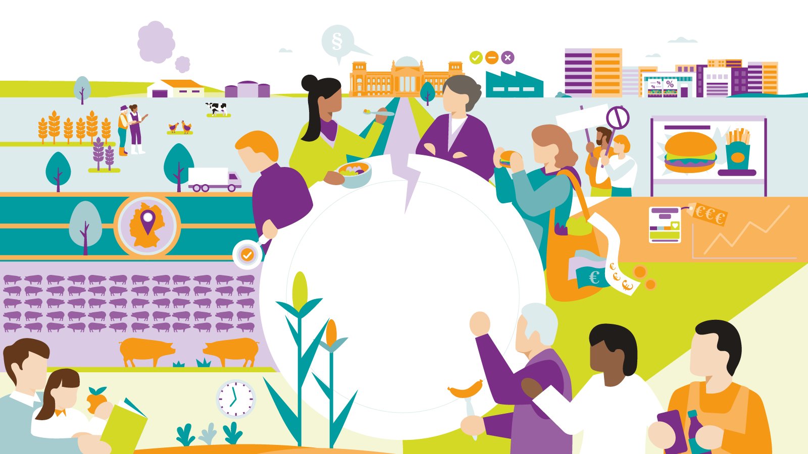Illustration with several situations around the topic of nutrition