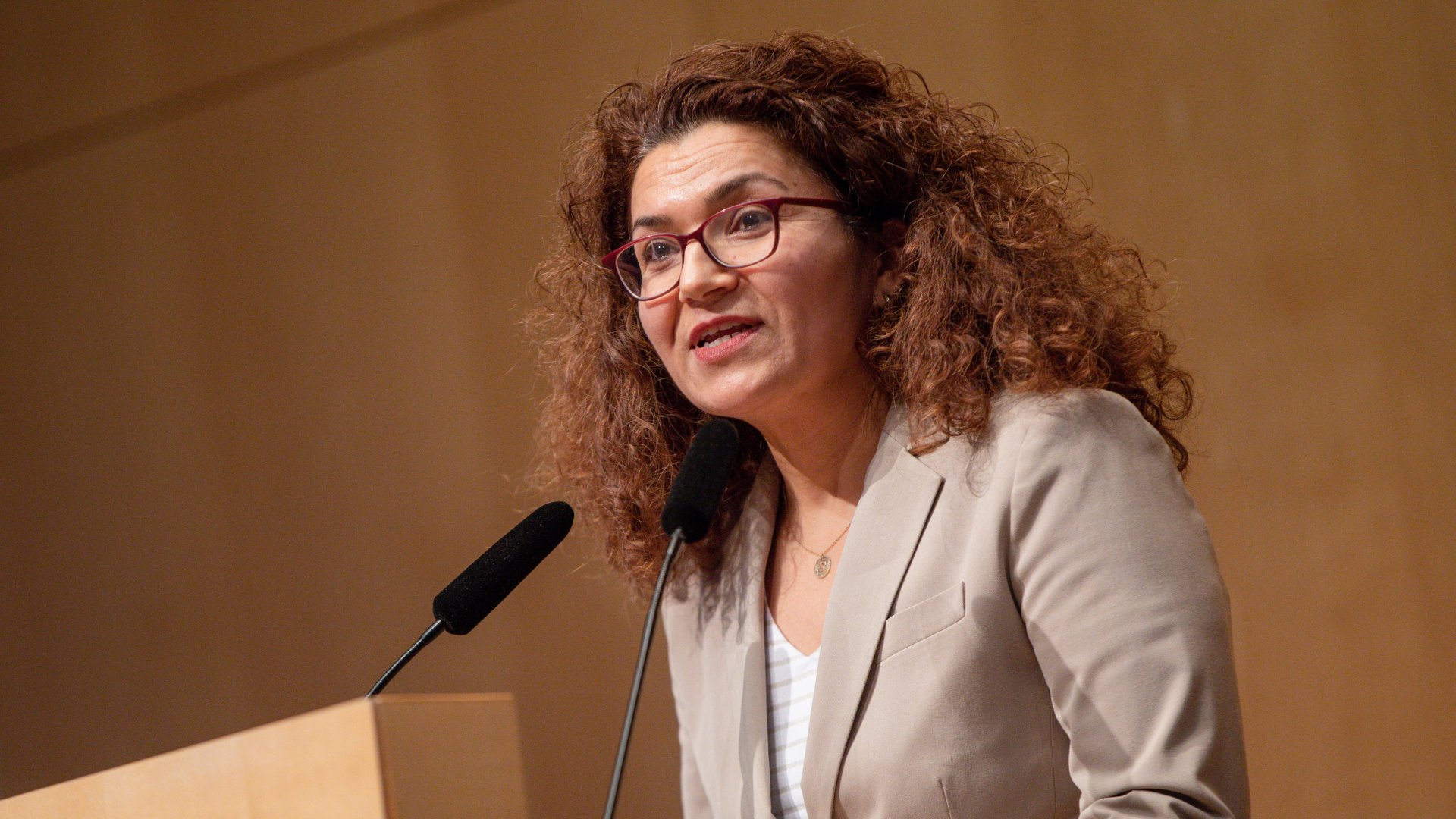 Ayse Özbabacan steht an einem Rednerpult und spricht ins Mikrofon