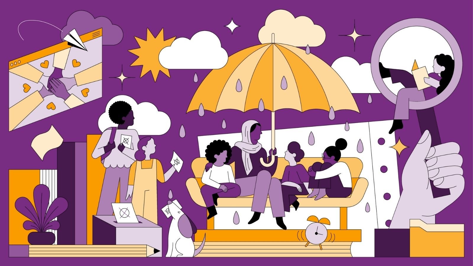The illustration shows children and teachers in various situations at school. In the center of the image, three children and a teacher are sitting on a couch, with the teacher holding an umbrella over the children. Raindrops are falling onto the umbrella.
