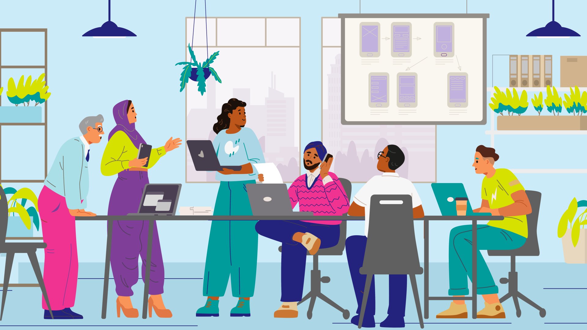 Illustration mit Menschen an einem Bürotisch im Austausch