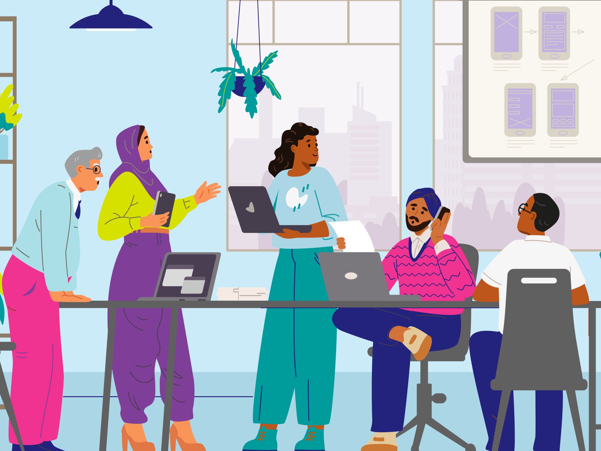 Illustration with people around an office table