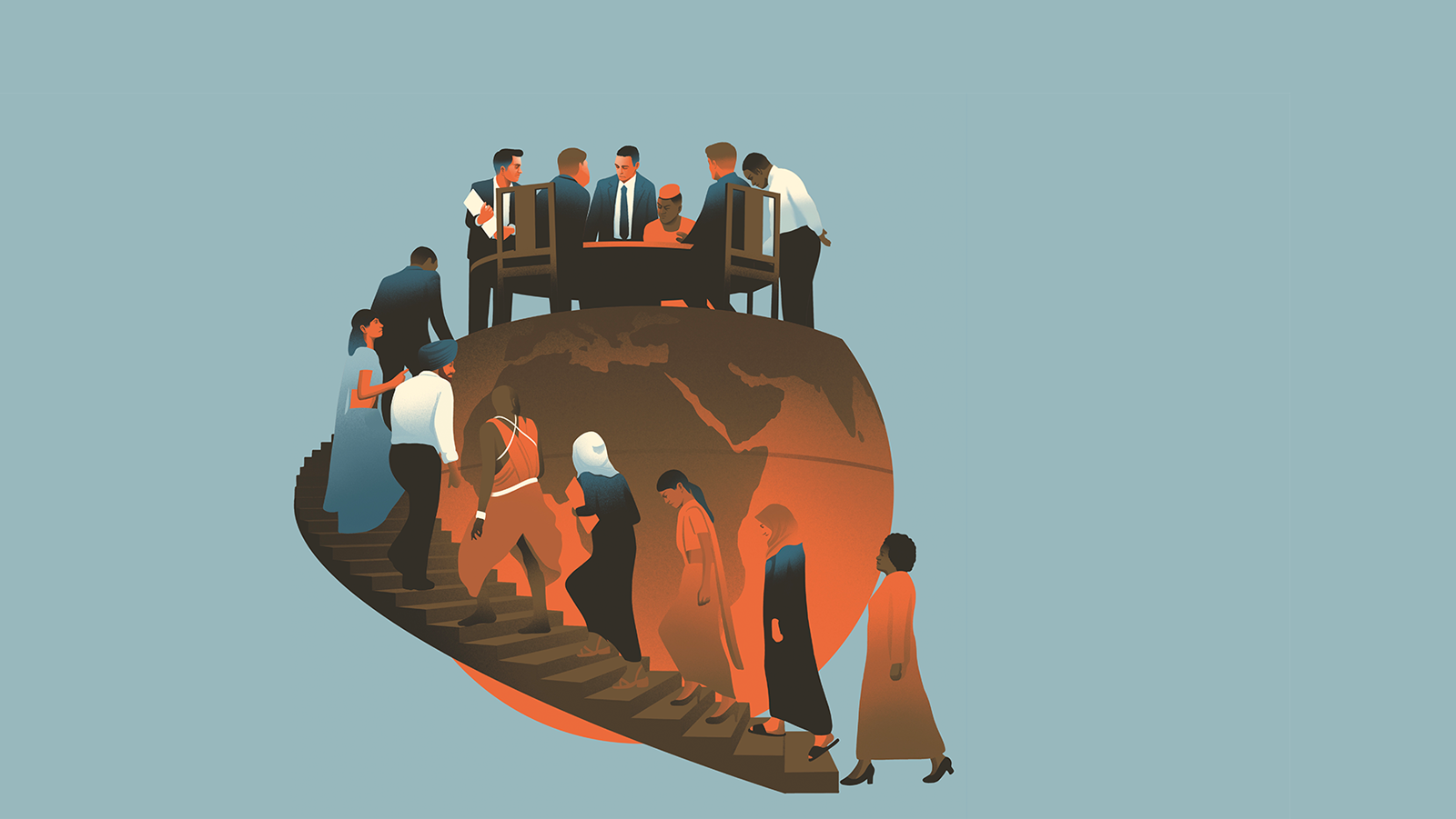 Illustration shows people walking up a flight of stairs to the negotiating table, which stands on a globe