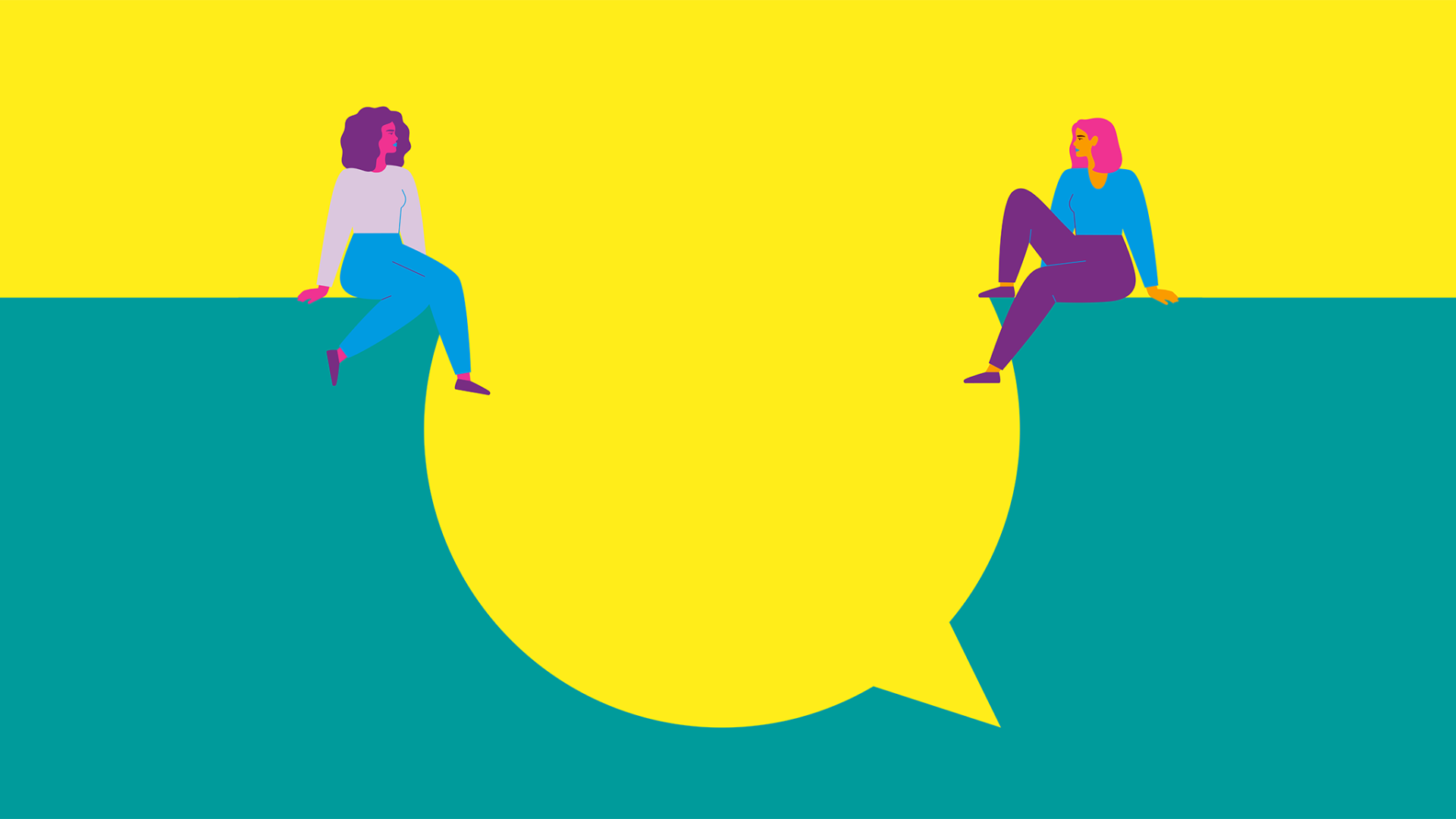 Young, strong girls sit on a large speech bubble and look at each other