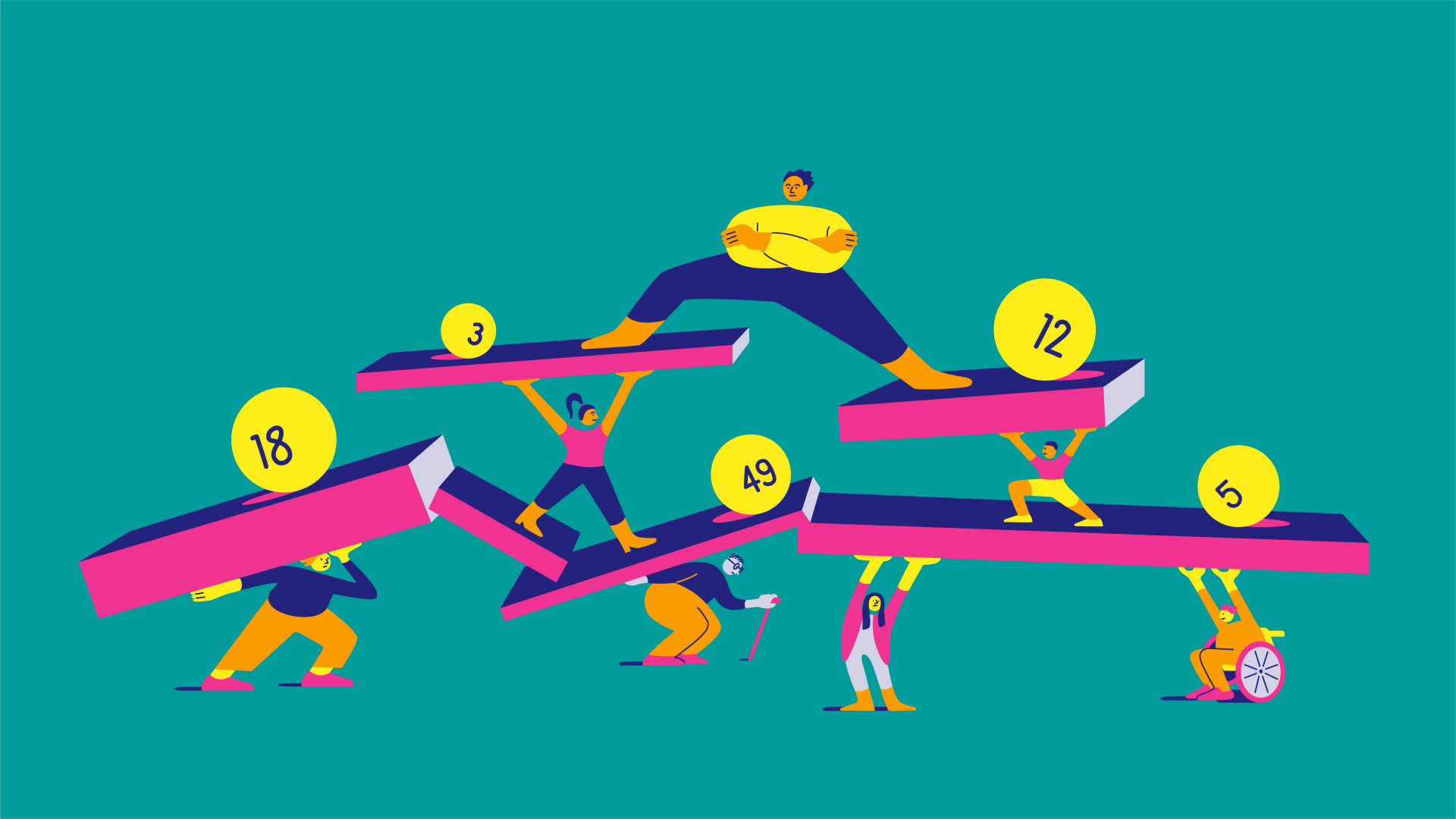 Several illustrated people balance on levels that form a pyramid