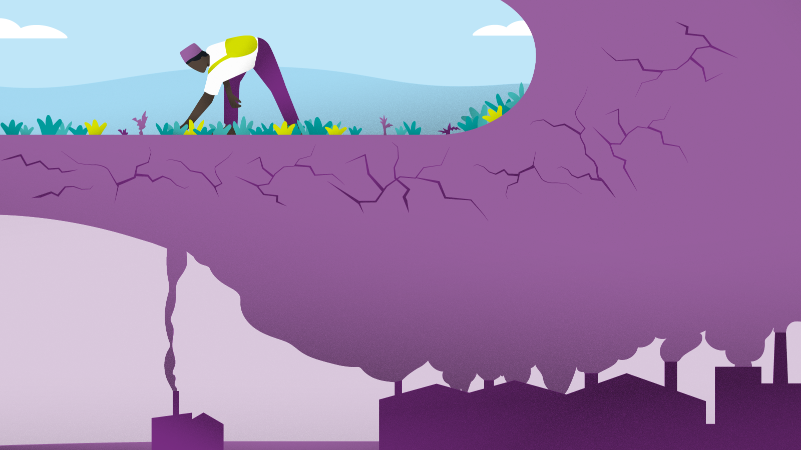 An illustration showing mostly factory buildings emitting exhaust fumes. At the top left is a person working in a field.