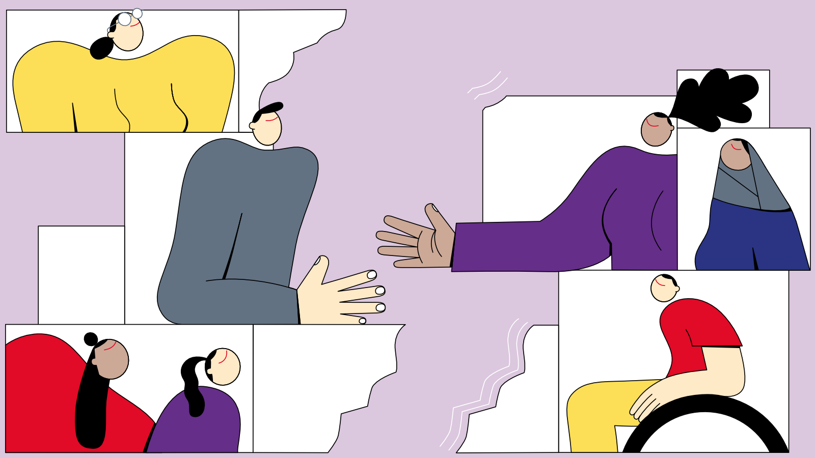 Eine Illustration, auf der verschiedene Personen zu sehen sind und sich eine Frau und ein Mann die Hände reichen.