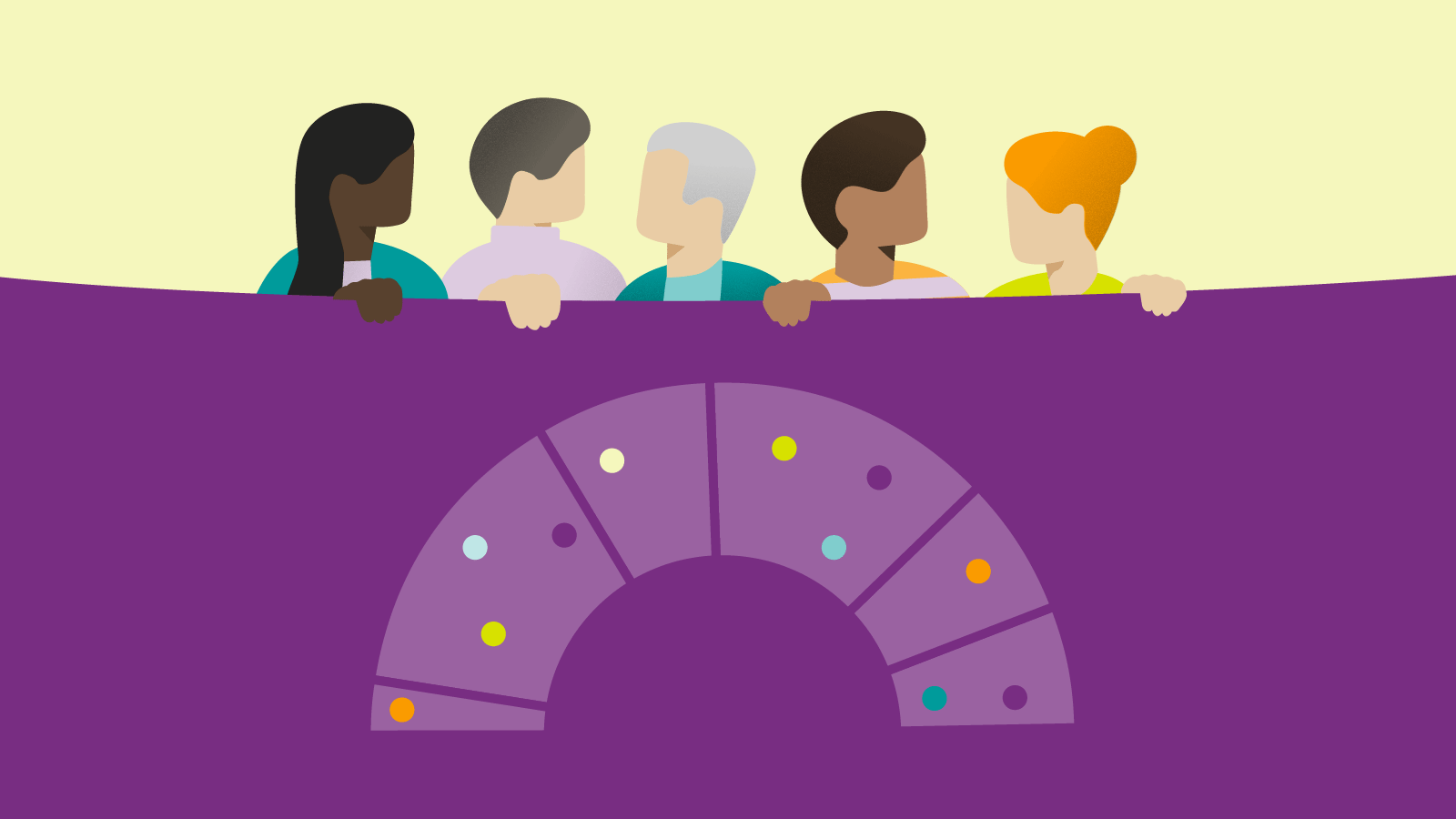 Illustration with five different people and an indicative distribution of seats in parliament