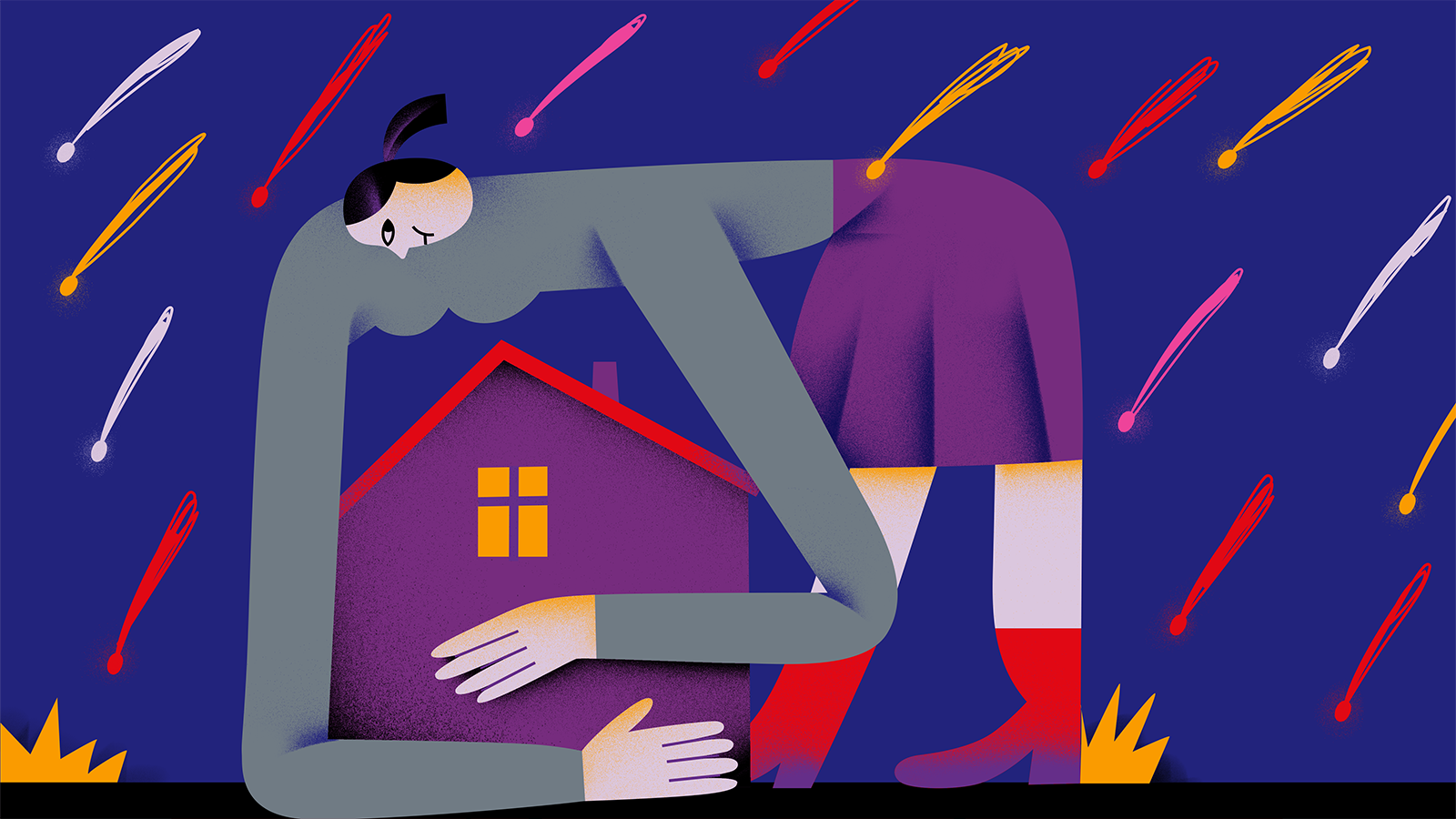 Illustration mit einer überdimensionalen Frau, die im Bombenhagel steht und sich über ein Haus beugt