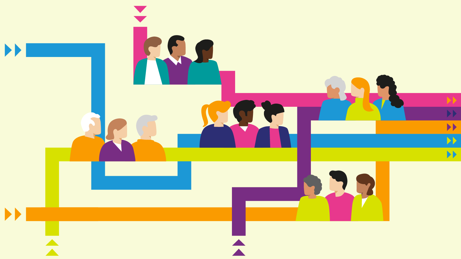 Illustration mit Menschen auf unterschiedlichen Linien, die zusammenlaufen