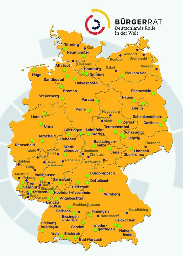 Karte der am Bürgerrrat teilnehmenden Städte und Gemeinden