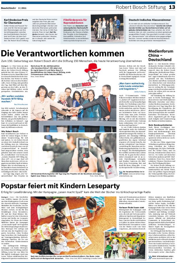 Neues aus der Robert Bosch Stiftung im BoschZünder 3/2011 Robert